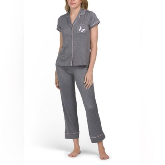 Life Is Good Other - Life is Good L-XL Gray Pink Trim Notch Collar 2 pc Short Sleeve Top Pants PJ Set